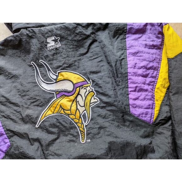 Minnesota Vikings 90s STARTER 1/2 puffer Pullover M blk purple NFL Pro vintage - Picture 2 of 5